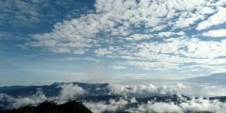 在泰国清迈省的高山上，日出和晨雾的移动。