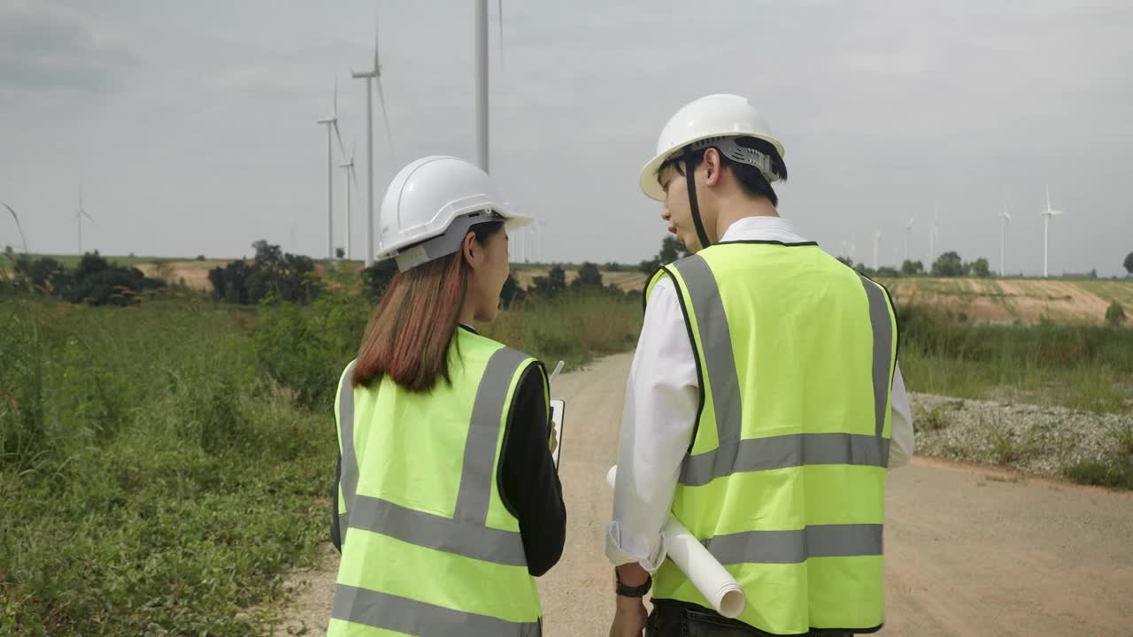 风力发电机站技术员工程师。亚洲男性工程师和女商人穿着反光夹克和头盔走在风力涡轮机农场。