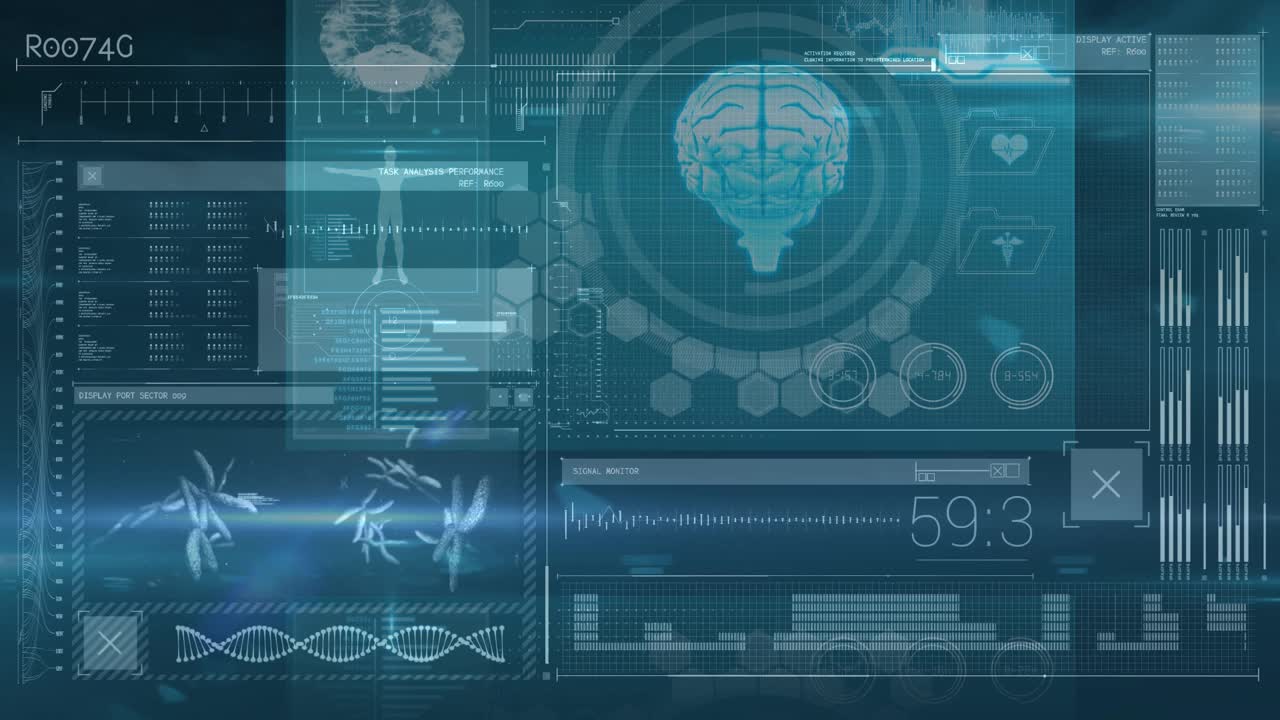 蓝色背景下医学数据处理数字界面的数字动画