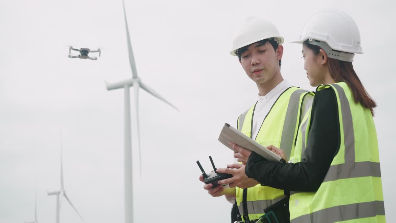 站在风力发电场的工程师，穿着反光背心和头盔的亚洲男性工程师和女商人。工程师们正在使用平板电脑和无人机工作。