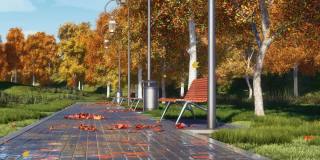 秋季景观与空板凳在城市公园3D全景