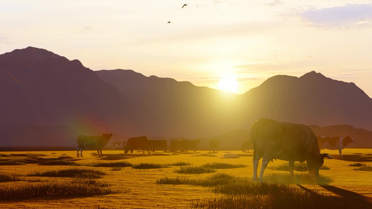 日落时分，在雾蒙蒙的山区放牧的牛群
