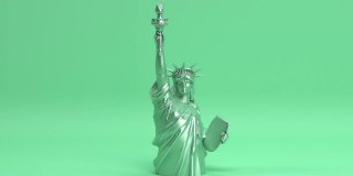 旋转绿色自由女神像无缝循环动画背景，纽约和美国游客的国家象征，7月4日独立日爱国概念，美国自由雕塑