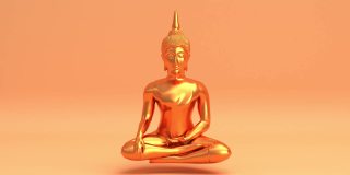 金橙色放松冥想释迦牟尼佛像莲花瑜伽位置无缝循环动画背景，佛教或印度教宗教，卫塞节快乐和佛陀普尼玛节日概念