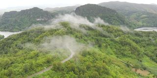 鸟瞰图的乡村道路通过绿色的森林和山