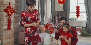 中国家庭为农历新年装饰树枝
