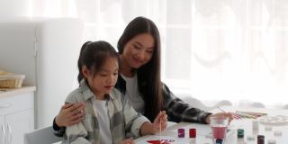快乐的亚洲妈妈和小女儿在家里一起画画