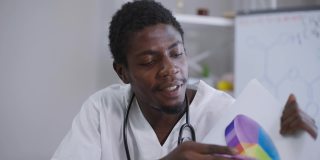 与非洲裔美国专家科学家视频聊天，指着图表说服疫苗接种必要性的冠状病毒大流行。专业人士的肖像令人信服的在线会议。