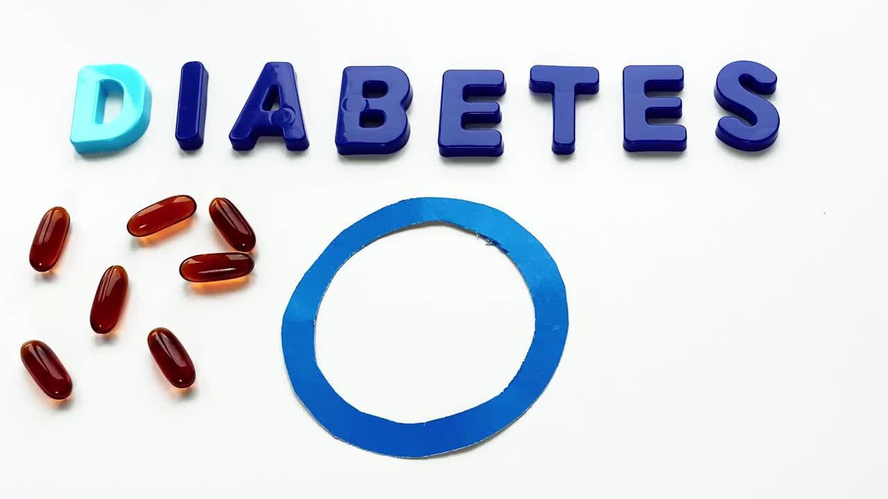 刻字糖尿病日。蓝色圆圈，药物和注射器。