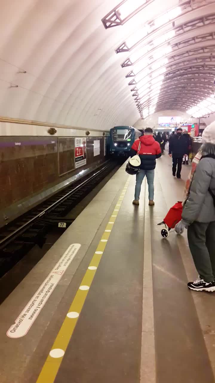 俄罗斯，圣彼得堡，2021年2月21日:地铁列车抵达地铁站。