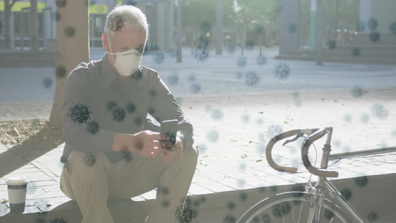 戴着口罩的老人身上的新冠病毒细胞动画
