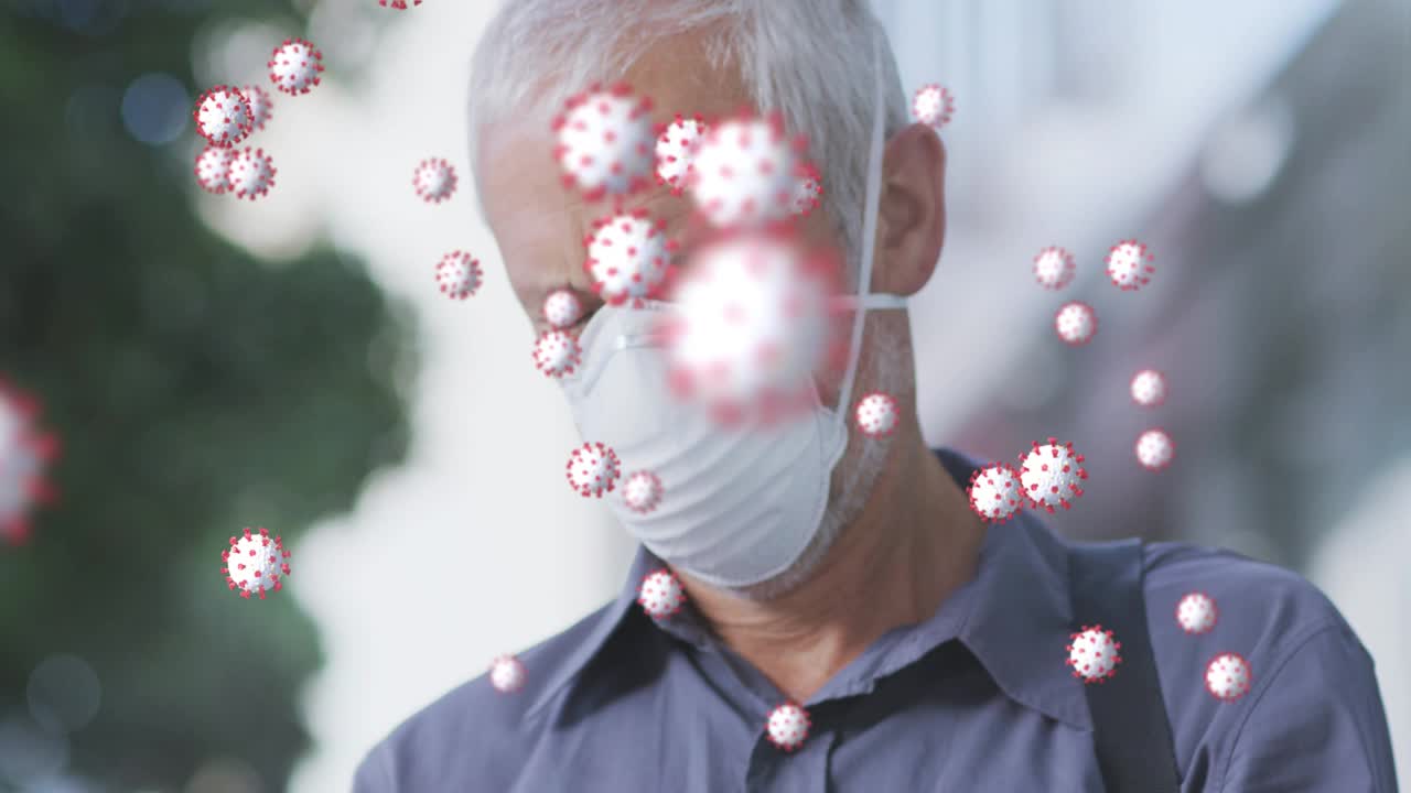 戴着口罩的老人身上的新冠病毒细胞动画