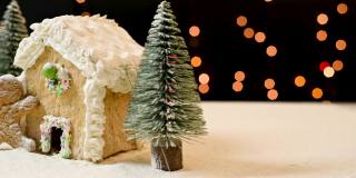 桌上摆放着漂亮的圣诞饼干。用糖粉和小圣诞树装饰的传统圣诞姜饼屋和男人饼干。圣诞糖果