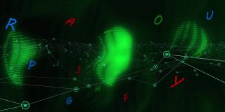 通信网络的动画和处理发光的绿色数据在黑色的背景