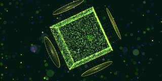 摘要发光绿色粒子形成三维物体。立方体和圆柱体。Vj循环作为虚拟数字空间的bg。粒子形成全息影像的形状，作为大数据、网络或vr空间的概念。科幻bg。