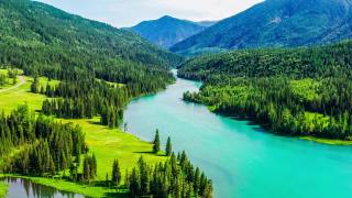 喀纳斯湖夏季鸟瞰图，新疆，中国。青山绿水。视频素材模板下载