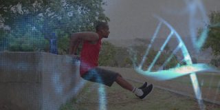 动画发光的dna链旋转的男性运动员锻炼户外