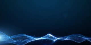 蓝色粒子波流动与照明数字运动抽象背景。