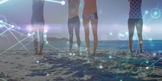 在阳光灿烂的海滩上做瑜伽的女性朋友的发光通信网络的动画