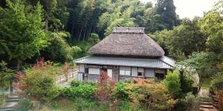 鸟瞰图的传统老式日本房子与稻草屋顶在农村