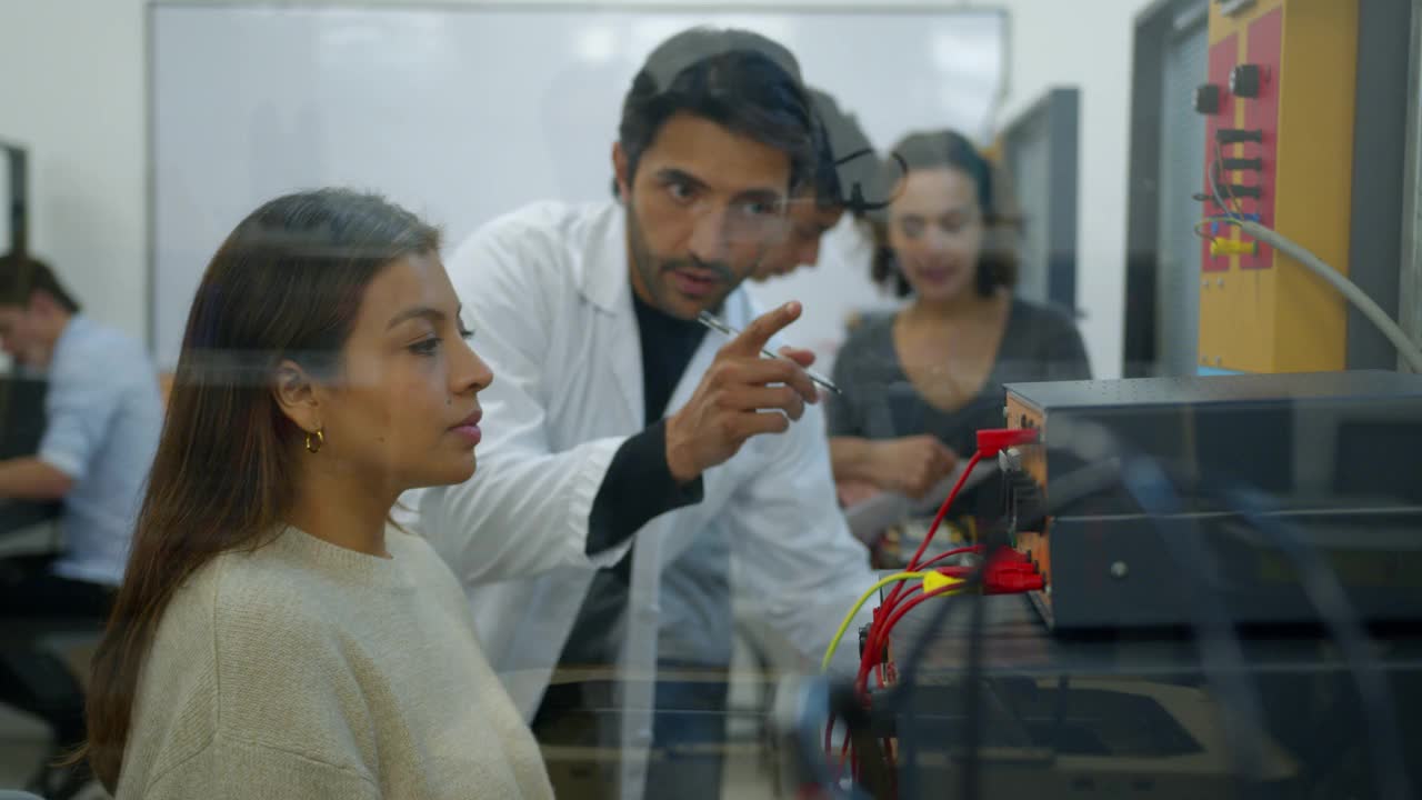 一名女学生在实验室里学习电路电子学课程，按照老师的指示学习