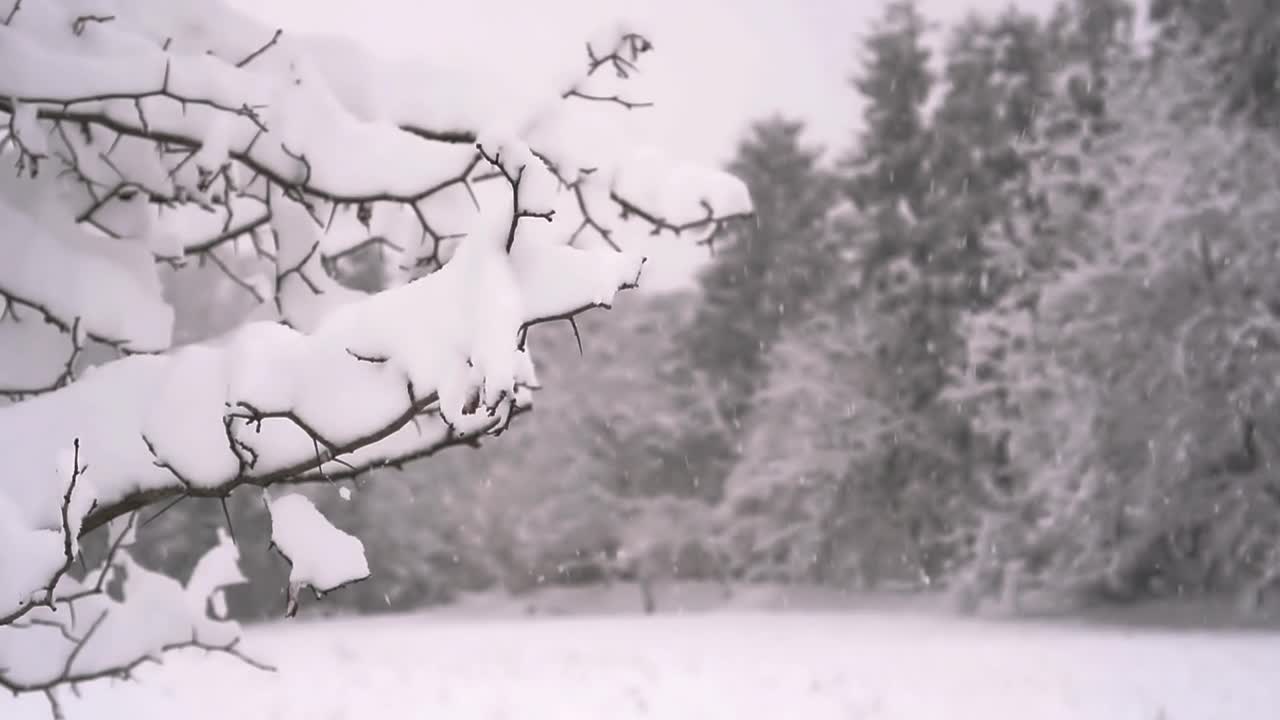 森林里冬天下雪的慢动作。冬天的风景。冰雪覆盖的树木。冬天下雪的视频。树枝上美丽的绒毛雪