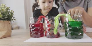 一位亚洲母亲和她的女儿正在家里用彩色的水做科学实验。它展示了自我学习的概念和花时间在一起的家庭活动的乐趣和幸福。