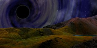 在夜山的映衬下，黑洞在繁星点点的天空中移动。