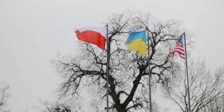 冬季，光秃秃的树背景上的旗杆上插着波兰、美国和乌克兰的国旗。与欧洲和美国的伙伴关系
