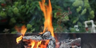 燃烧的木材烧烤在自然背景的郊区地区。火中的余烬。在篝火中燃烧着煤。