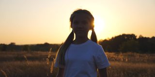 快乐的小女孩站在草地上玩着自己的头发，对着镜头。小微笑的女孩的肖像在草地上日落的背景。自由自在的概念。多莉拍摄