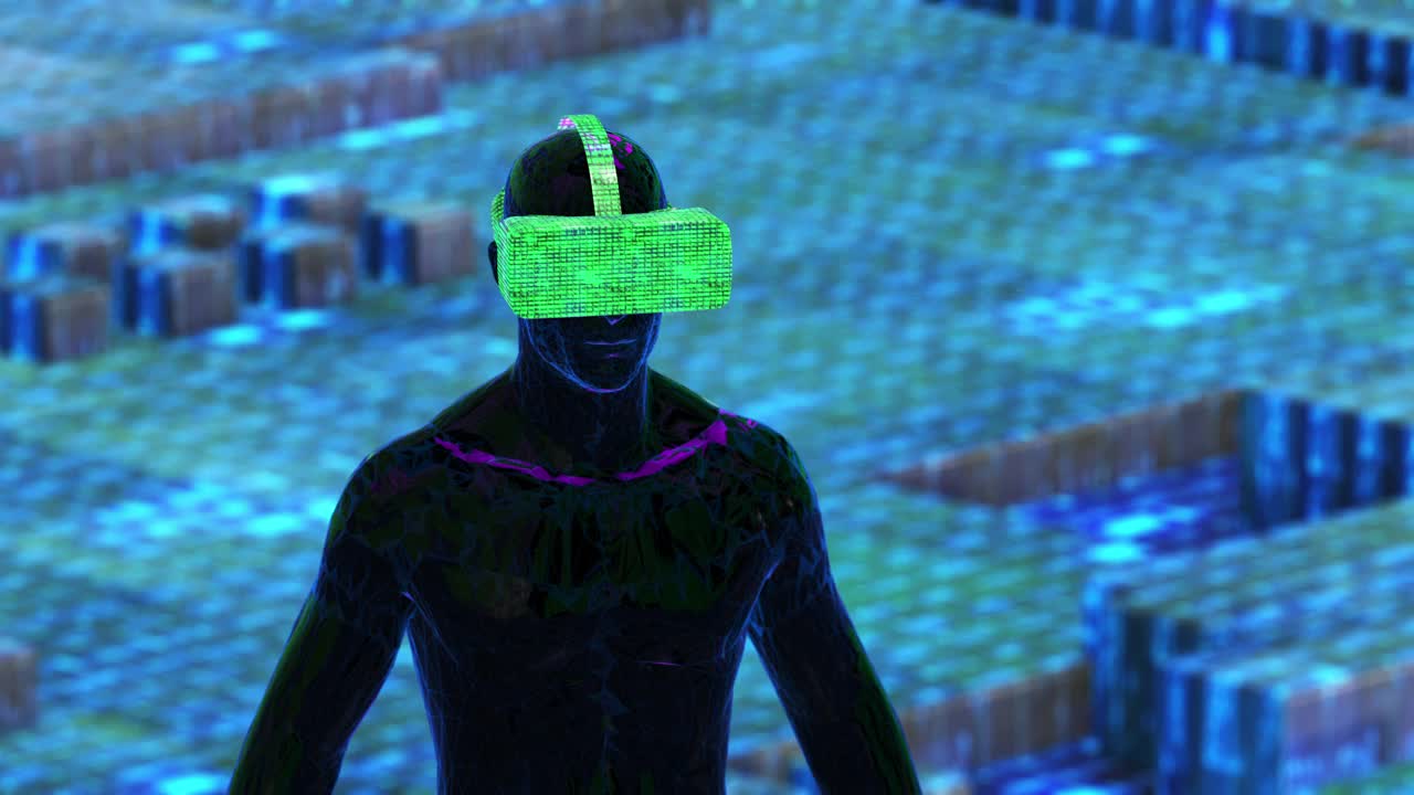 超宇宙概念，戴着虚拟现实头盔的人工智能