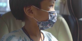亚洲男孩外出旅行时戴着防护口罩，乘坐汽车出行，以防止冠状病毒。