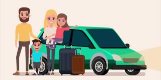 这是一个核心家庭和两个孩子站在车前的漫画。愉快的假期和新的冒险。旅行，家庭，在一起，度假，度假的概念。4 k的决议,Loopable。