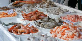杂货店柜台上的各种海鲜。各种虾，章鱼，龙虾的价格标签在德国