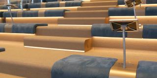 现代的室内空荡荡的会议厅蓝色的座位整齐的一排排椅子空的地方观众礼堂听众商务公共活动正式会议没有人在教育讲座会议室租用