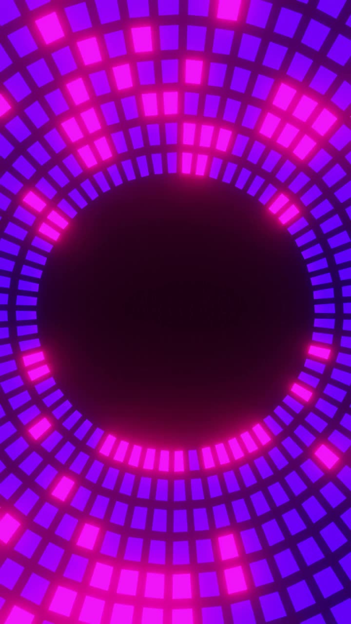 新年霓虹灯背景，无缝圆形图案背景，赛博朋克闪烁粉红和紫色，循环，复制空间