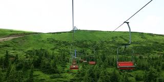 美丽的全景山夏季景观与红色缆车客舱在蓝色的天空背景