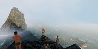 一群年轻人站在俯瞰大海的悬崖上