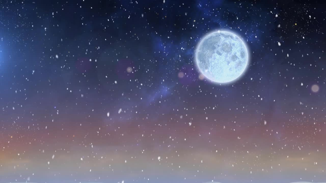 圣诞雪花的动画，伴着满月，在繁星点点的夜空