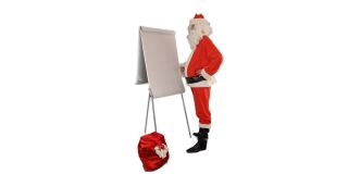 圣诞老人带着一个装满礼物的袋子，列着一张清单，上面有好孩子，也有坏孩子，衬着白色
