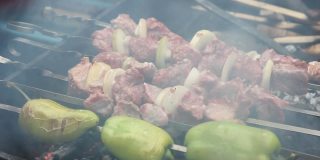 一排烤肉串在金属火盆和蔬菜上烧烤。野餐的概念。炸羊肉串。