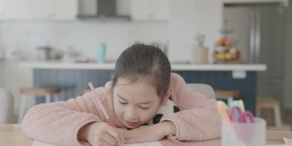POV肖像混合亚洲女孩远程学习，在家里进行视频通话，使用缩放在线虚拟课堂，社交距离，在家教育，新常态概念