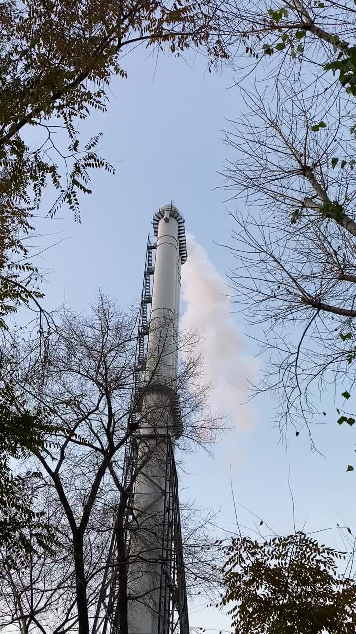 城市供热厂。蒸汽从巨大的管道中冒出。供热站为邻近的工业设施和住宅提供电力和热量。工业景观。