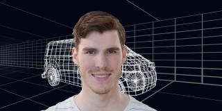 动画白人男子的dna链，人类大脑，三维绘制模型的货车和网格