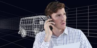 白人商人的动画使用智能手机在三维绘制模型的货车和网格