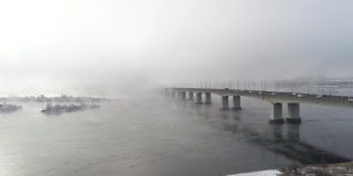 伊尔库茨克安加拉河上的冬日。寒冷的一天。安加拉河汹涌澎湃。伊尔库茨克市的Akademichesky桥。从无人机上射击。从上面看