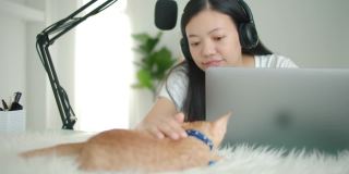 亚洲女学生或女商人远程工作与电脑和小猫。社交距离概念在covid-19疫情下独自在家工作。