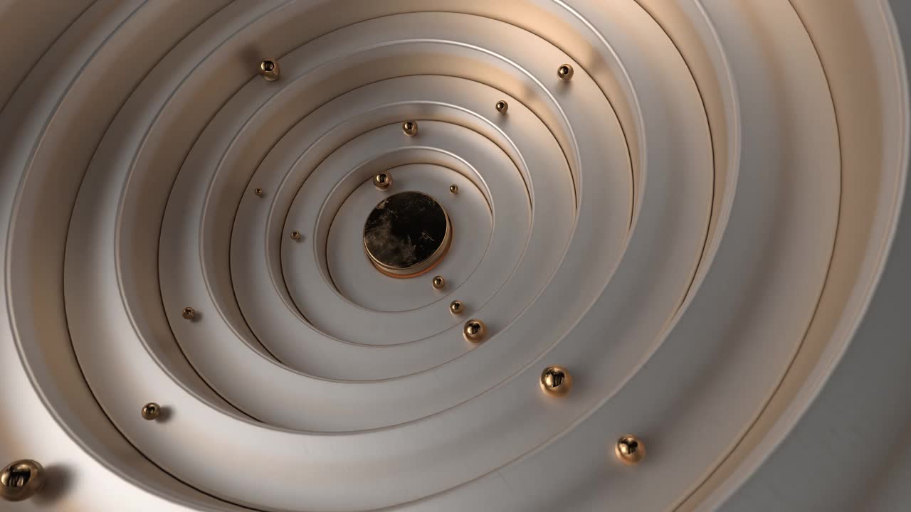 抽象动画，金球沿着珍珠色的圆环移动。三维可视化的现代艺术。