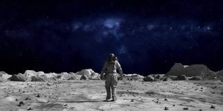 下面这张勇敢的宇航员穿着宇航服自信地行走在月球表面走向银河，身上布满了岩石。月球表面的第一位宇航员。先进技术，太空探索/旅行，殖民概念。
